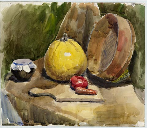Kürbis. Alexander Babel, 4. Klasse, 2000/2001, Aquarell, 43 × 50 cm. Entstanden im Malunterricht der Kinderkunstschule in Nowomoskowsk (Russland).