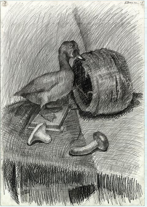 Ente. Alexander Babel, 4. Klasse, 2000/2001, Bleistift, 62 × 43 cm. Entstanden im Zeichenunterricht der Kinderkunstschule in Nowomoskowsk (Russland).