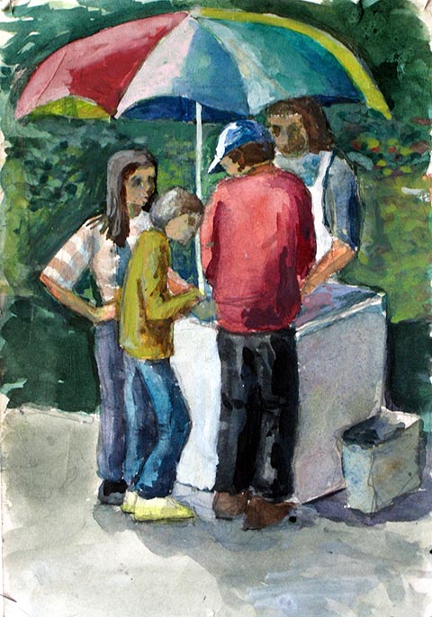 Bei der Eisverkäuferin. Alexander Babel, 4. Klasse, 2000/2001, Aquarell. Entstanden im Freilichtunterricht der Kinderkunstschule in Nowomoskowsk (Russland).