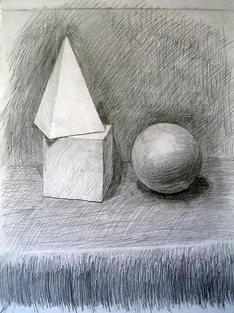 Geometrische Figuren. Alexander Babel, 3. Klasse, 1999/2000, Bleistift, 62 × 43 cm. Entstanden im Zeichenunterricht der Kinderkunstschule in Nowomoskowsk (Russland).