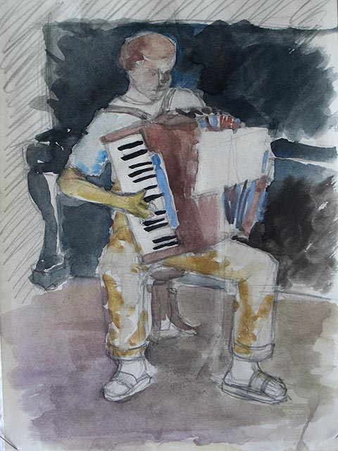 Harmonikaspieler. Alexander Babel, 4. Klasse, 2000/2001, Aquarell. Entstanden im Unterricht für Staffeleikomposition in der Kinderkunstschule Nowomoskowsk (Russland).