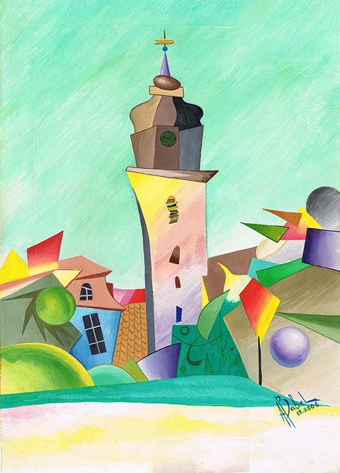 Autorenarbeit von Alexander Babel. „Trinitatiskirche“. Kubismus. 2006, Leinwand, Öl, 66x46 cm. Sondershausen.