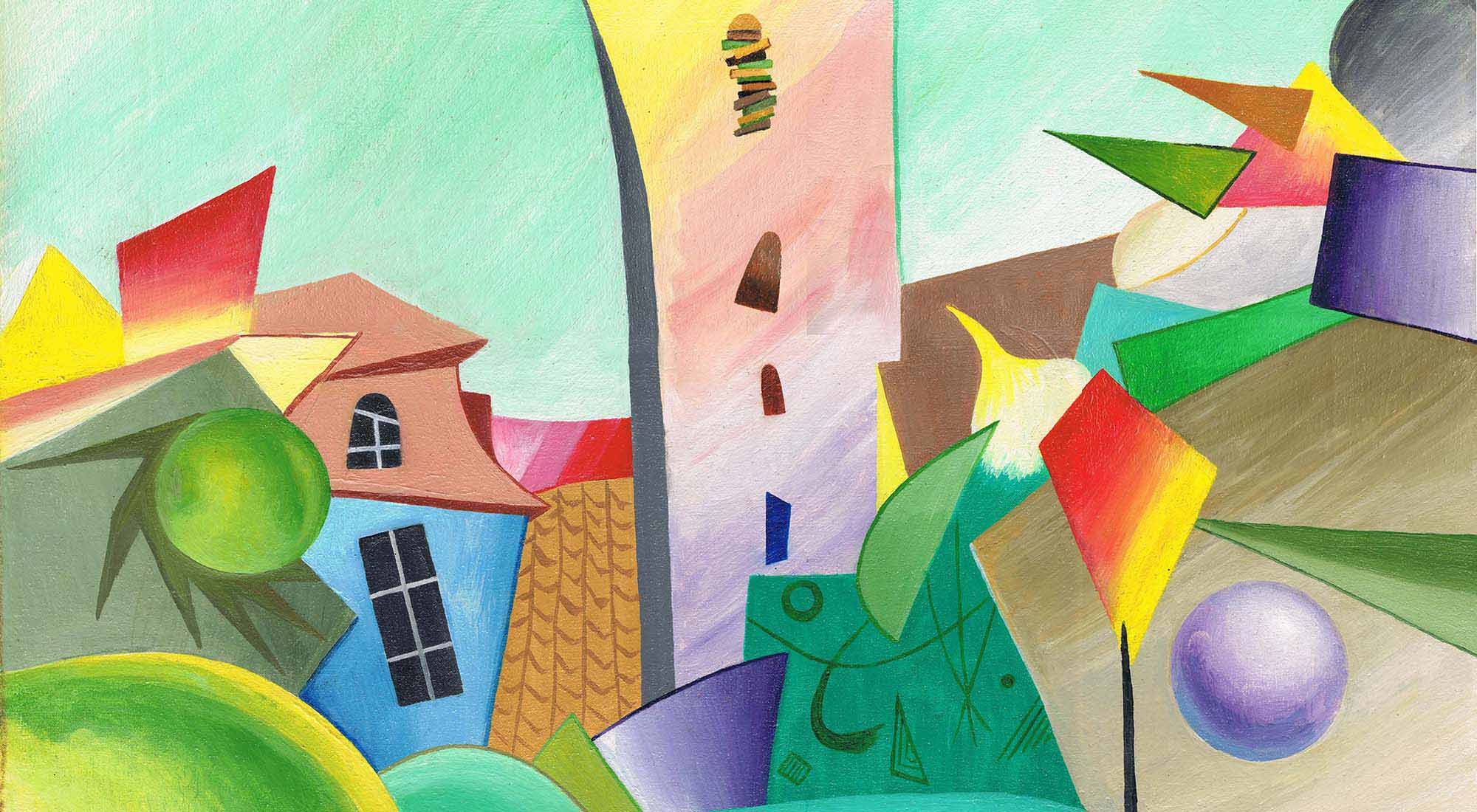 Авторская работа Александра Бабеля. «Церковь Тринитатис» (Trinitatiskirche). Кубизм. 2006, холст, масло, 66x46 см. Зондерсхаузен (Sondershausen).