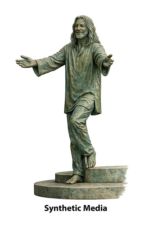 Скульптурная композиция Istvandukt на Istvanplatz в Грайце. Бронзовая фигура Иштвана на ступенях, смоделированная искусственным интеллектом. ChatGPT.