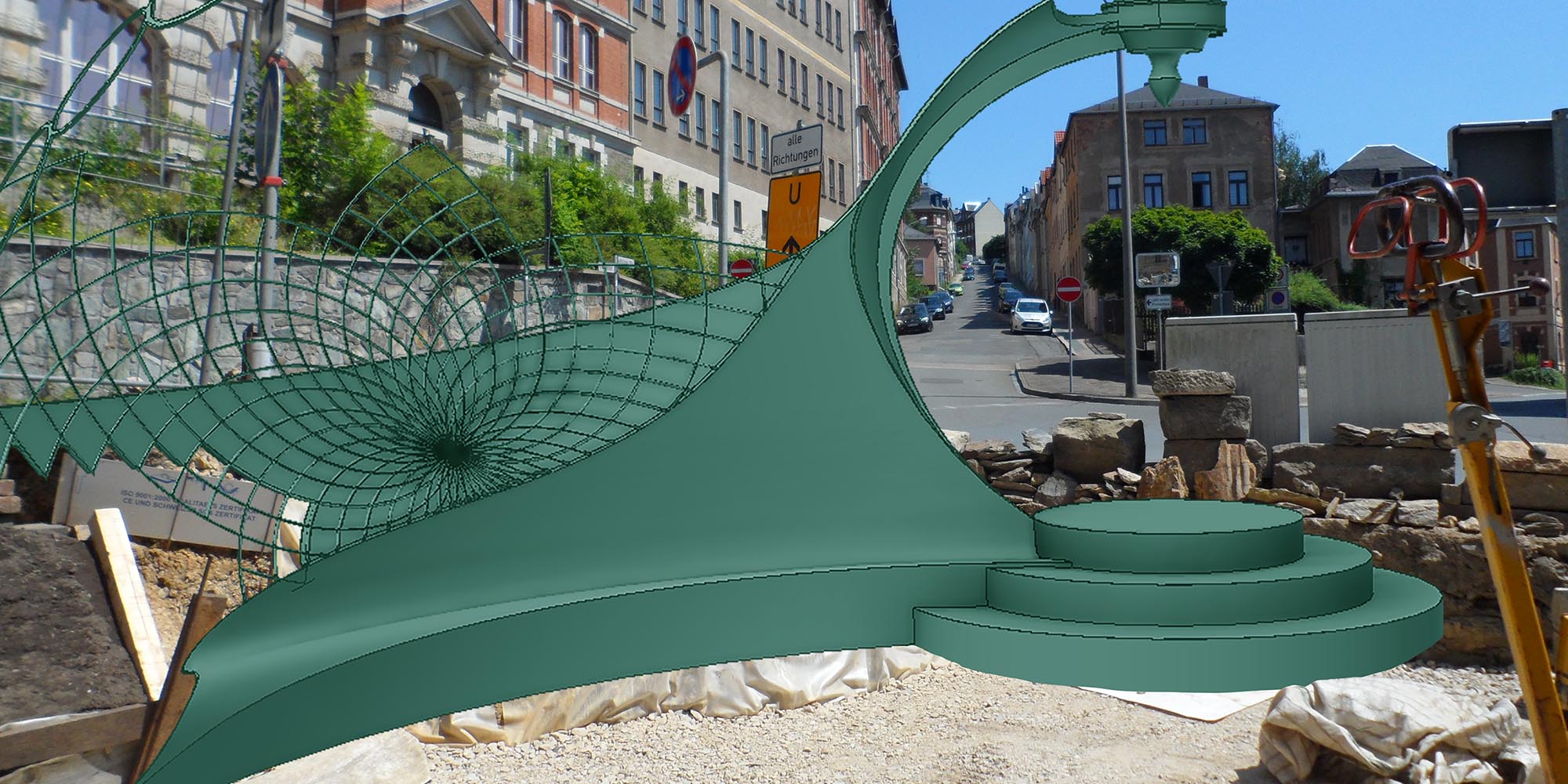 Fotomontaje: escultura Istvandukt con banco y sol sobre el fondo del cruce con viviendas y la antigua escuela Pestalozzischule en Greiz.