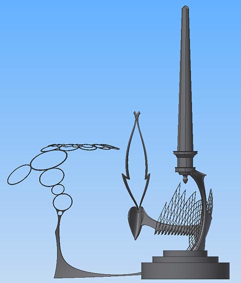 Skulpturale Komposition Istvandukt auf dem Istvanplatz in Greiz. Aus dem Herzen auflodernde Flamme, Baumkrone aus Jahresringen, Obelisk. 3D-Modell.