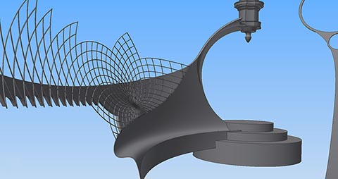 Skulpturale Komposition Istvandukt. Elemente des Denkmals: Bronzebank, spiralförmig von der Sonne ausgehende Strahlen, runde Stufen, Obelisk. 3D-Modell.