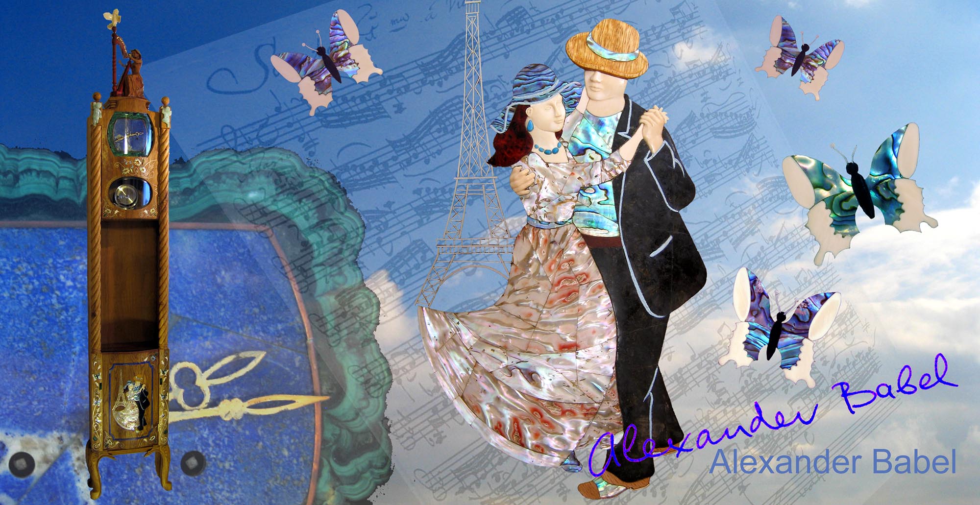 Напольные часы. Авторская работа Александра Бабеля. Фотоколлаж, танцующая пара по мотивам Ренуара, перламутровые бабочки, напольные часы на фоне циферблата из лазурита и малахита.