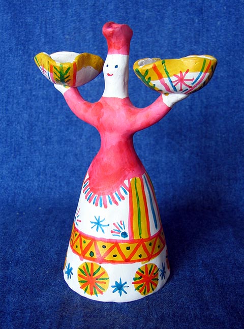 „Barinya-Kerzenhalter“. Filimonovo-Spielzeug. 2000. Hergestellt im Unterricht für angewandte Komposition an der Kunstschule für Kinder in Nowomoskowsk (Russland).